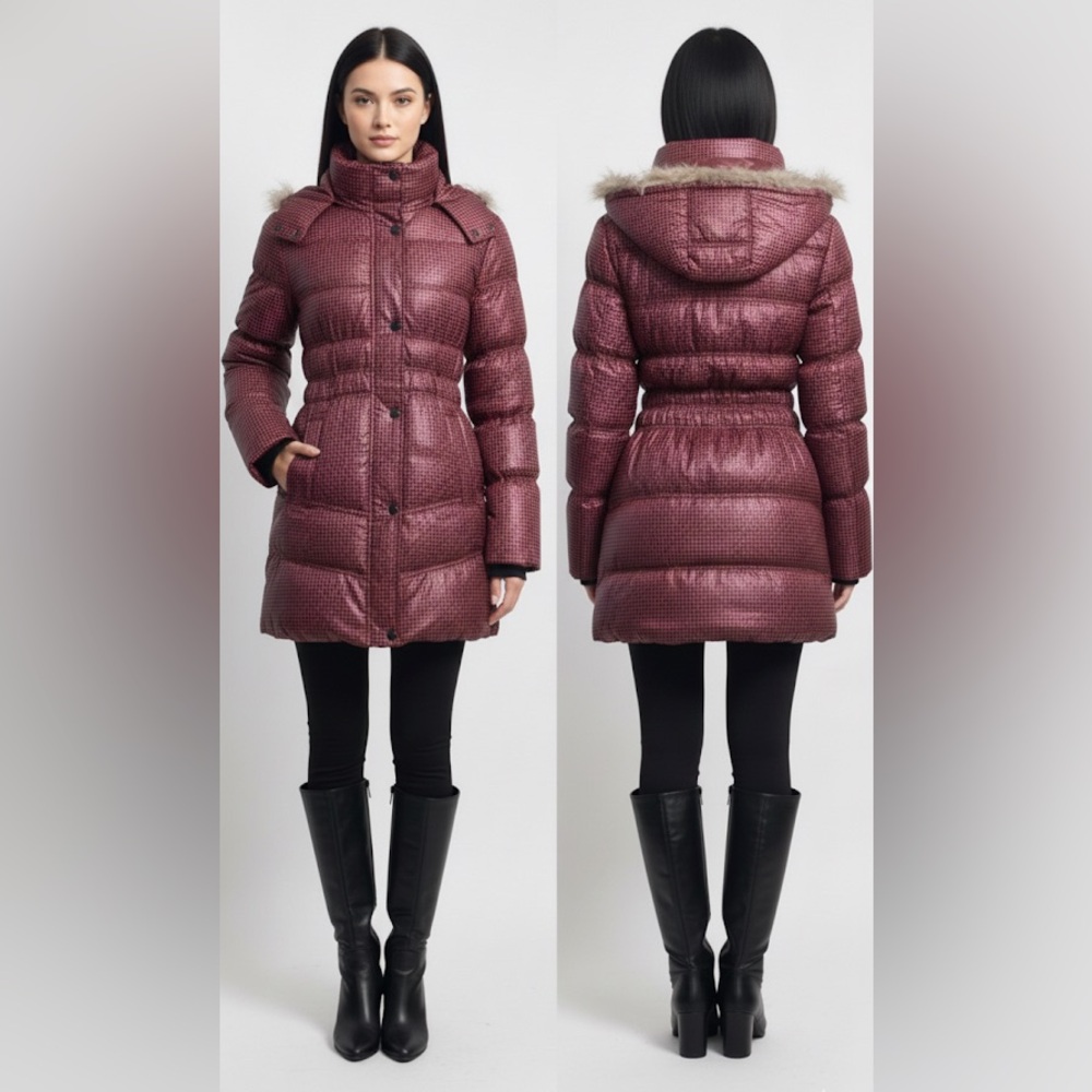 Bodyline black& pink check print puffer jacket with hood